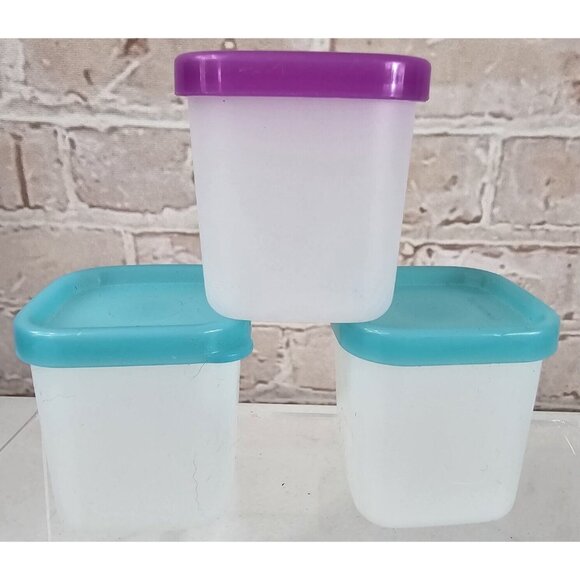 Tupperware Set of 3 Clear Mini Square Containers 80 ml Turquoise & Purple Lids - Picture 1 of 8